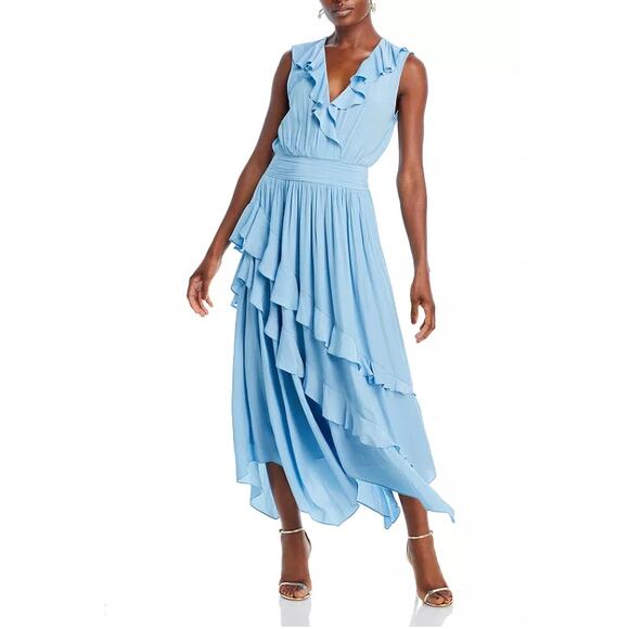 RAMY BROOK WOMENS SIZE SMALL HADLEE RUFFLE MIDI OCCASION DRESS BLUE NEW - Picture 1 of 13